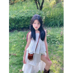 女童度假風白色吊帶蛋糕連衣裙夏季新款大兒童洋氣鏤空開叉長裙子