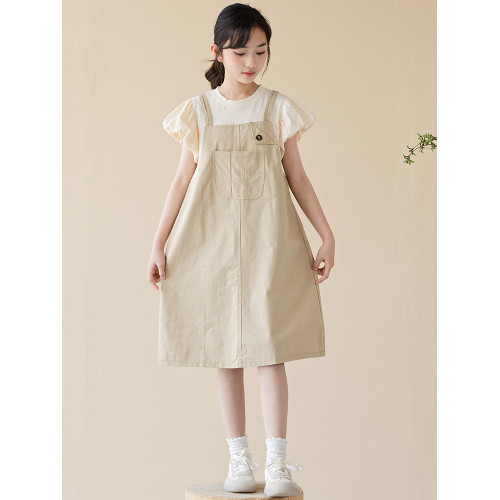 女童連衣裙2025新款夏季韓版女大童假兩件背帶裙子女孩氣質公主裙