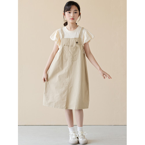 女童連衣裙2025新款夏季韓版女大童假兩件背帶裙子女孩氣質公主裙