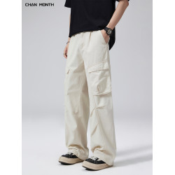 CHAN MONTH美式復古工裝褲男米杏色夏季口袋潮牌寬松濶腿休閒褲子