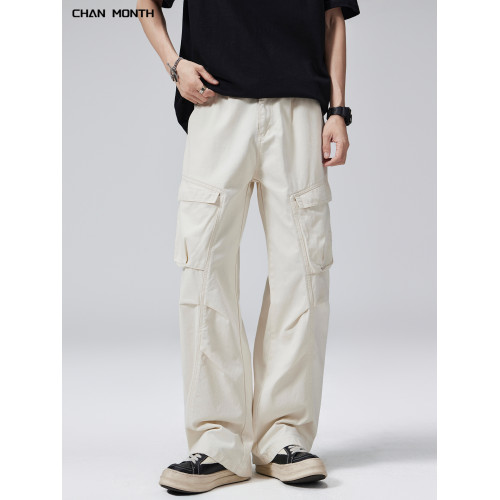 CHAN MONTH美式復古工裝褲男米杏色夏季口袋潮牌寬松濶腿休閒褲子