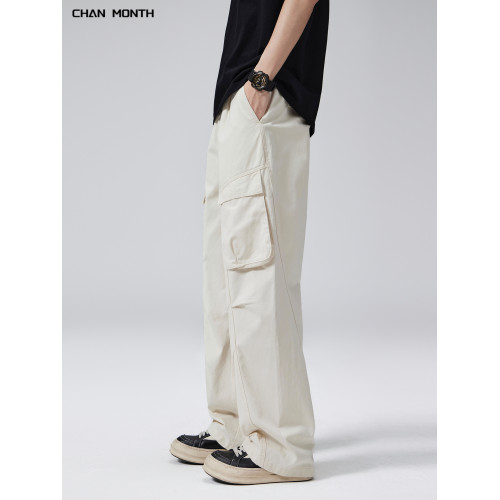 CHAN MONTH美式復古工裝褲男米杏色夏季口袋潮牌寬松濶腿休閒褲子