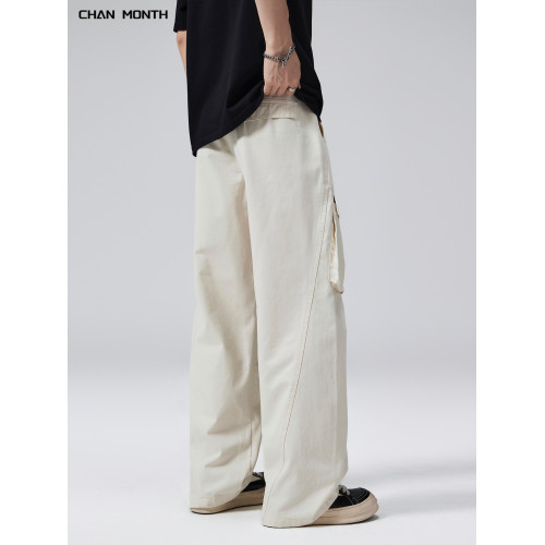 CHAN MONTH美式復古工裝褲男米杏色夏季口袋潮牌寬松濶腿休閒褲子
