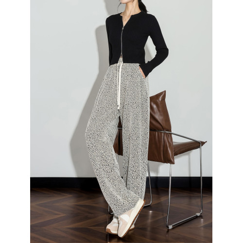 濶腿褲女春秋2025新款垂感寬松bf慵懶風黑白斜條紋休閒直筒運動褲