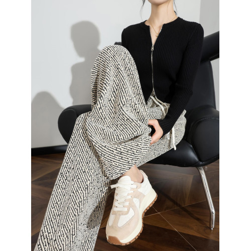 濶腿褲女春秋2025新款垂感寬松bf慵懶風黑白斜條紋休閒直筒運動褲