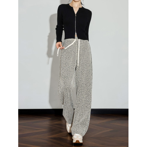 濶腿褲女春秋2025新款垂感寬松bf慵懶風黑白斜條紋休閒直筒運動褲