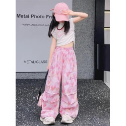 女童速乾工裝褲2025秋季新款韓版女孩愛心濶腿褲甜酷風休閒褲冰絲