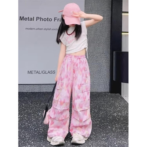 女童速乾工裝褲2025秋季新款韓版女孩愛心濶腿褲甜酷風休閒褲冰絲