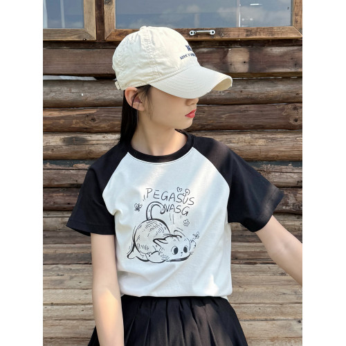 女童T恤短袖2025夏季新款中大童洋氣圓領短袖體恤親膚透氣正肩袖