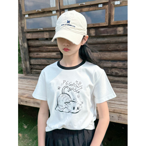 女童T恤短袖2025夏季新款中大童洋氣圓領短袖體恤親膚透氣正肩袖