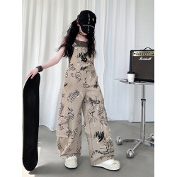 女童背帶褲2025年新款兒童夏裝小魚印花長褲中大童夏季百搭休閒褲