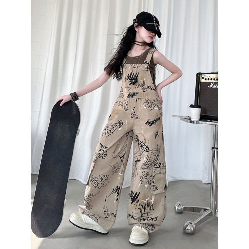 女童背帶褲2025年新款兒童夏裝小魚印花長褲中大童夏季百搭休閒褲