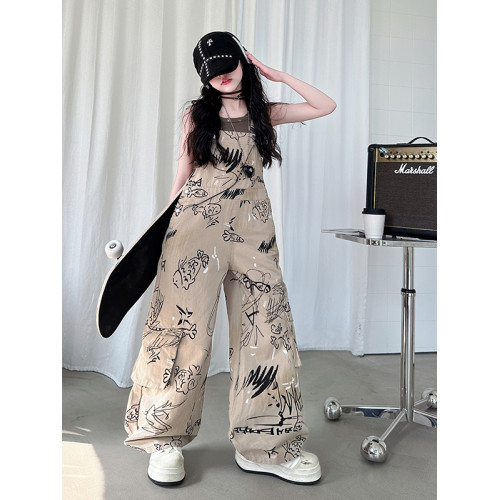 女童背帶褲2025年新款兒童夏裝小魚印花長褲中大童夏季百搭休閒褲