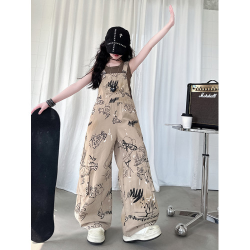 女童背帶褲2025年新款兒童夏裝小魚印花長褲中大童夏季百搭休閒褲