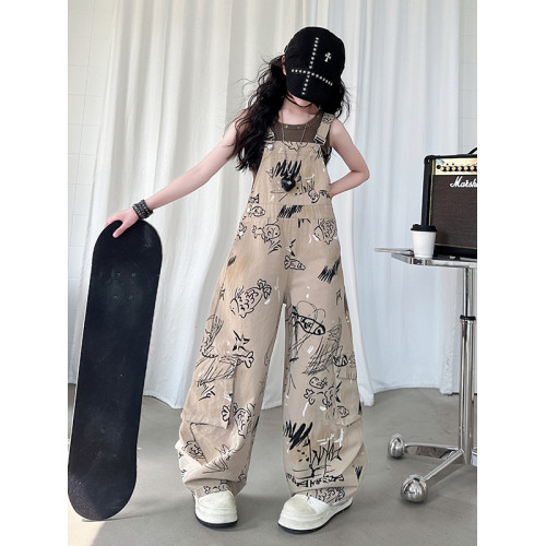 女童背帶褲2025年新款兒童夏裝小魚印花長褲中大童夏季百搭休閒褲