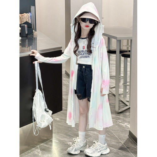 兒童防曬衣涼感冰絲女童夏天長款防曬服連帽軋染漸變色女大童外套