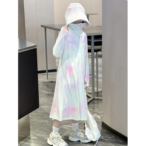 兒童防曬衣涼感冰絲女童夏天長款防曬服連帽軋染漸變色女大童外套