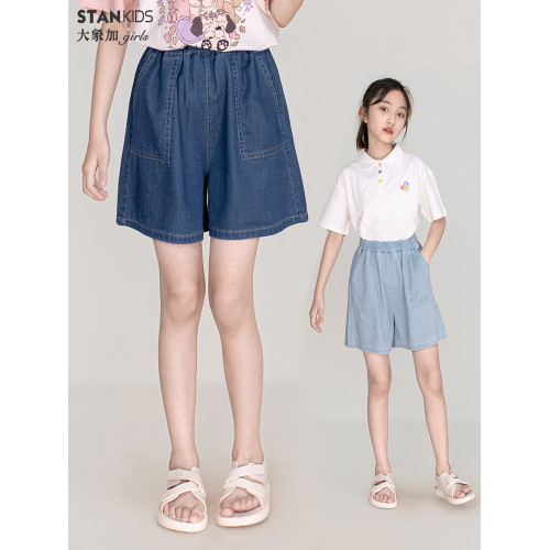 柔軟女童萊賽爾棉感牛仔短褲寬松薄牛仔中褲2025夏款中大童休閒褲