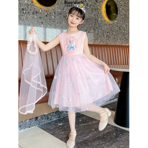女童愛莎公主裙夏季兒童披肩連衣裙超仙蓬蓬網紗裙中大童艾莎裙子