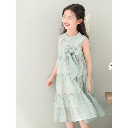 女童連衣裙2025夏季兒童蝴蝶結系帶壓皺雪紡韓版甜美掛脖連衣裙