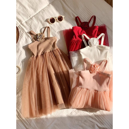 女童法式網紗吊帶連衣裙背心裙外穿禮服生日宴會海邊度假風白色夏