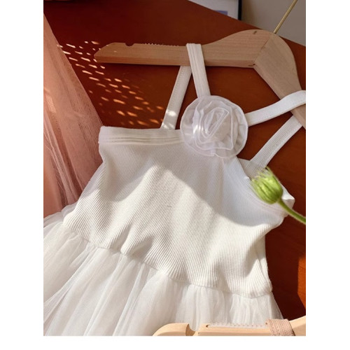 女童法式網紗吊帶連衣裙背心裙外穿禮服生日宴會海邊度假風白色夏