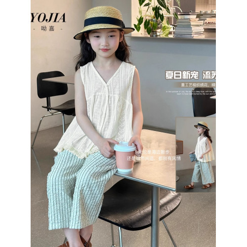 女童流蘇V領娃娃衫夏季2025新款韓版洋氣女孩無袖上衣薄款兒童T恤