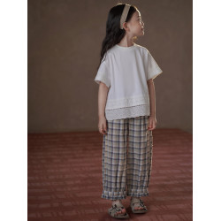 哈齒童裝夏季薄款兒童休閒褲親膚全棉花邊格子長褲女童防蚊褲女孩