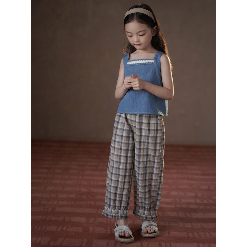 哈齒童裝夏季薄款兒童休閒褲親膚全棉花邊格子長褲女童防蚊褲女孩