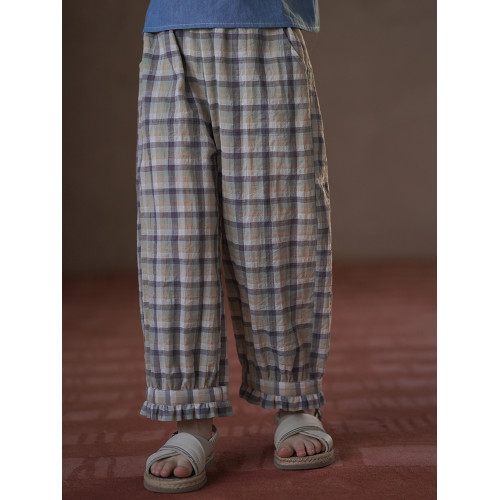 哈齒童裝夏季薄款兒童休閒褲親膚全棉花邊格子長褲女童防蚊褲女孩