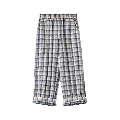 哈齒童裝夏季薄款兒童休閒褲親膚全棉花邊格子長褲女童防蚊褲女孩