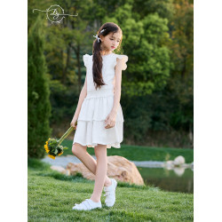 女童小飛袖木耳邊蛋糕裙2025夏季新款中大童法式少女連衣裙夏款