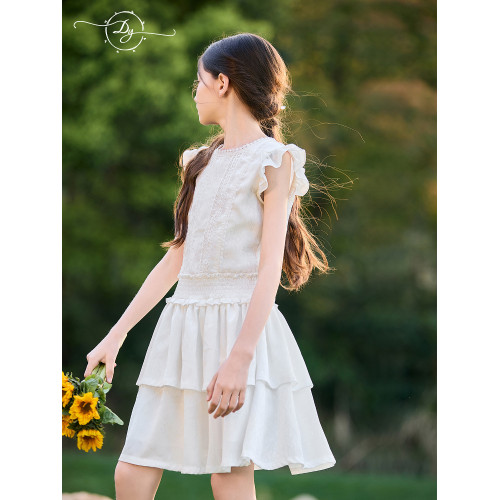 女童小飛袖木耳邊蛋糕裙2025夏季新款中大童法式少女連衣裙夏款