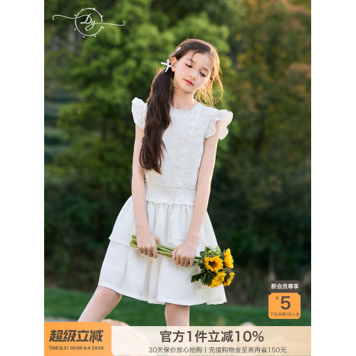 女童小飛袖木耳邊蛋糕裙2025夏季新款中大童法式少女連衣裙夏款