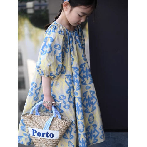 女童連衣裙夏季高級感2025新款洋氣女孩公主裙泡泡袖碎花長裙韓版