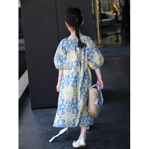 女童連衣裙夏季高級感2025新款洋氣女孩公主裙泡泡袖碎花長裙韓版