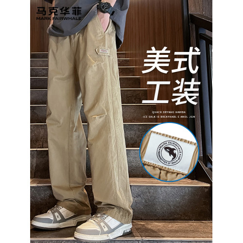 馬克華菲純棉工裝休閒褲男款夏季薄款美式青少年寬松直筒濶腿褲男
