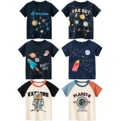 男童純棉短袖T恤幼兒童吸汗衫太空宇宙太陽系火箭圖案小男孩衣服t
