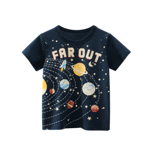 男童純棉短袖T恤幼兒童吸汗衫太空宇宙太陽系火箭圖案小男孩衣服t