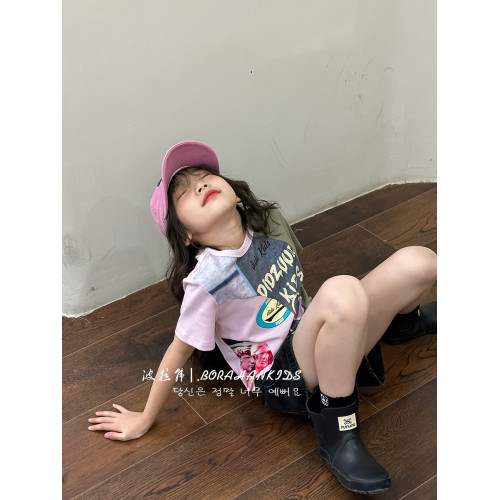 女童拼色短袖T恤2025夏天童裝小女孩短款小t中大童正肩半袖上衣潮