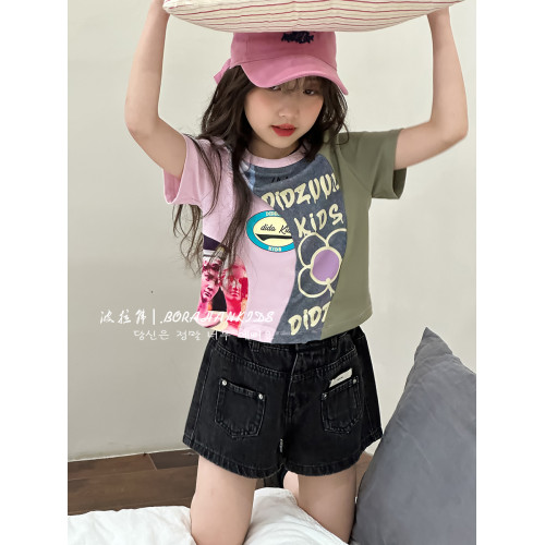 女童拼色短袖T恤2025夏天童裝小女孩短款小t中大童正肩半袖上衣潮