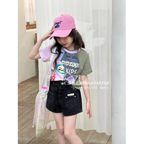 女童拼色短袖T恤2025夏天童裝小女孩短款小t中大童正肩半袖上衣潮