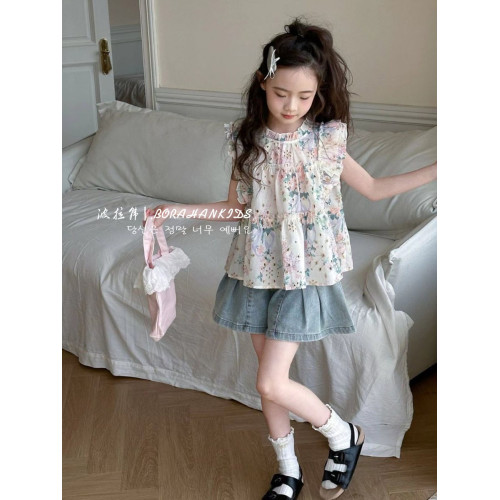 女童法式小飛袖襯衫夏季童裝2025小女孩碎花娃娃衫中大童甜美短袖