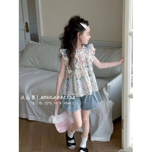 女童法式小飛袖襯衫夏季童裝2025小女孩碎花娃娃衫中大童甜美短袖