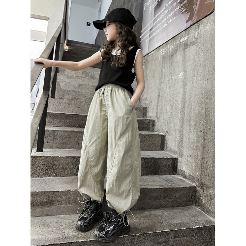 女童冰絲褲子夏季薄款2025新款兒童大童女孩運動速乾防蚊工裝長褲