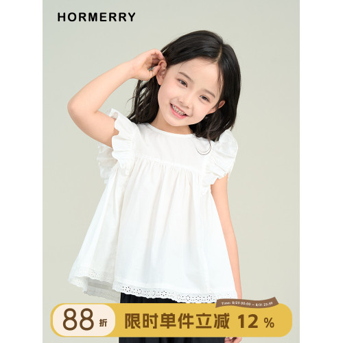 赫米童裝2025夏季新款兒童小飛袖花邊娃娃衫女童洋氣純棉白色襯衫
