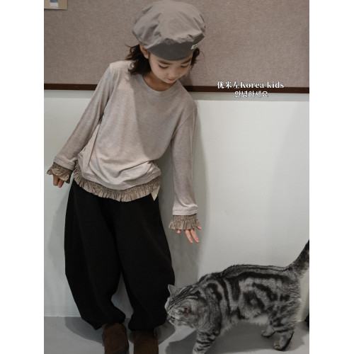 女童秋裝2025新款內搭童裝兒童純色t恤長袖女孩打底衫木耳邊上衣