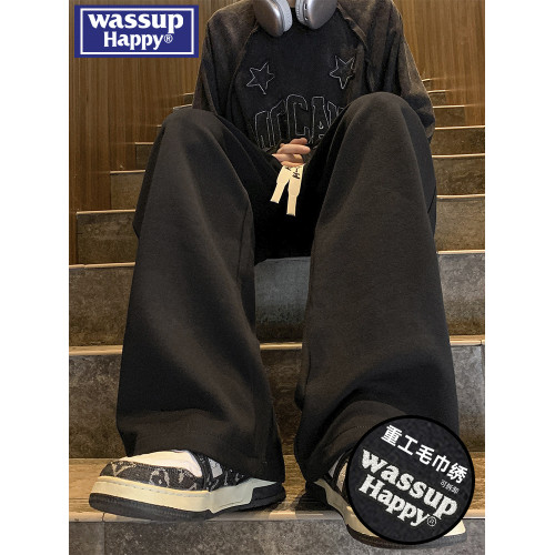 wassup happy抽繩直筒褲子男春秋季夏款運動褲寬松休閒垂感濶腿褲