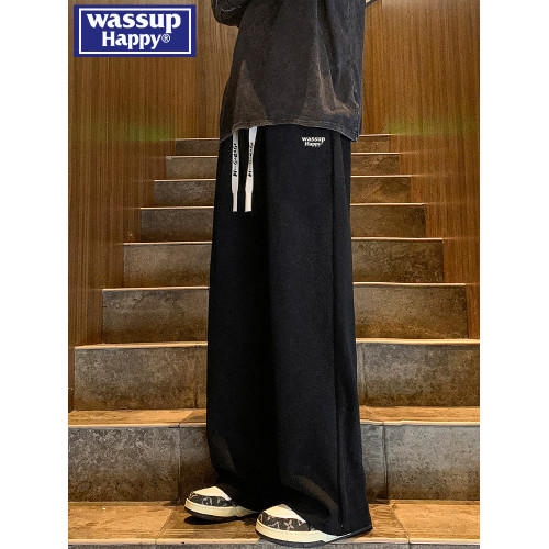 wassup happy抽繩直筒褲子男春秋季夏款運動褲寬松休閒垂感濶腿褲