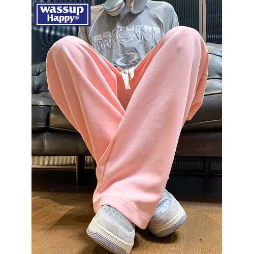 wassup happy抽繩直筒褲子男春秋季夏款運動褲寬松休閒垂感濶腿褲